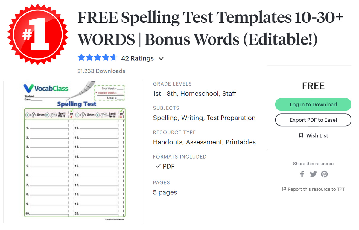 Spelling Test Template 